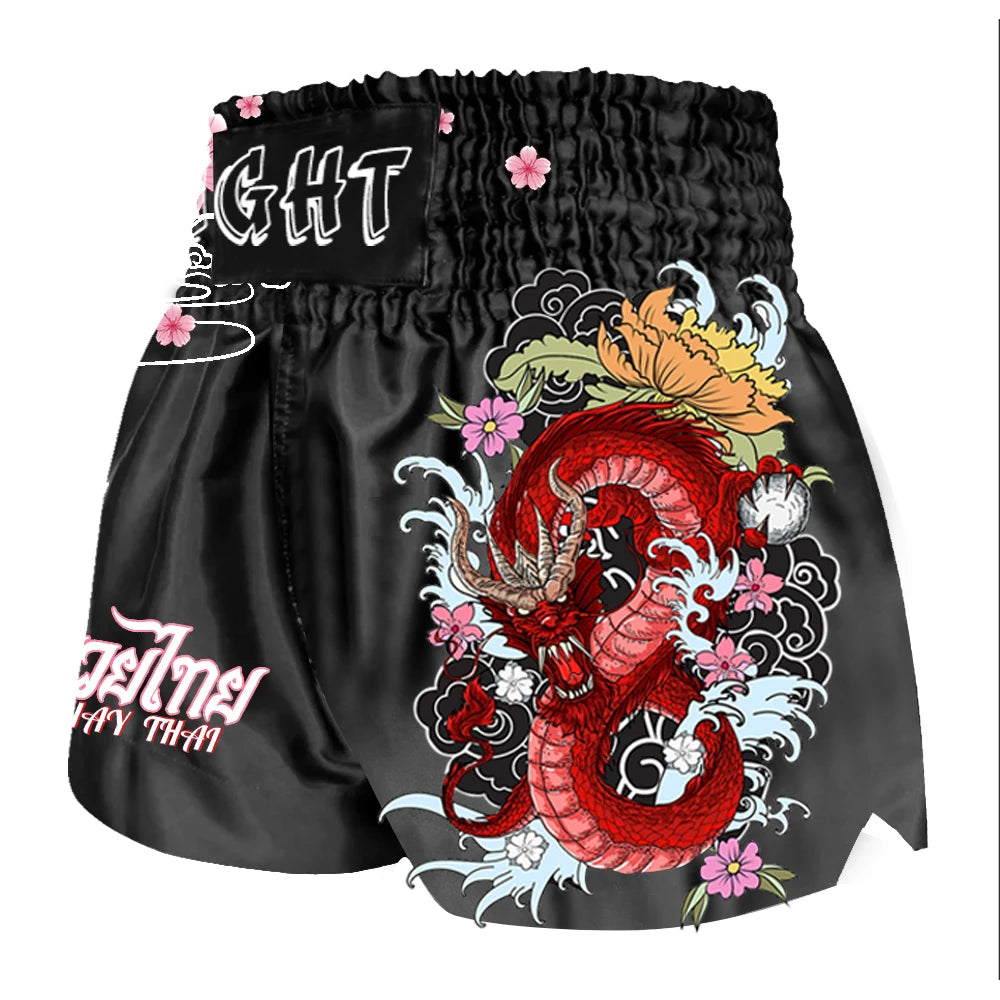 Short Boxe Thai Noir Dragon et Fleurs de Cerisier