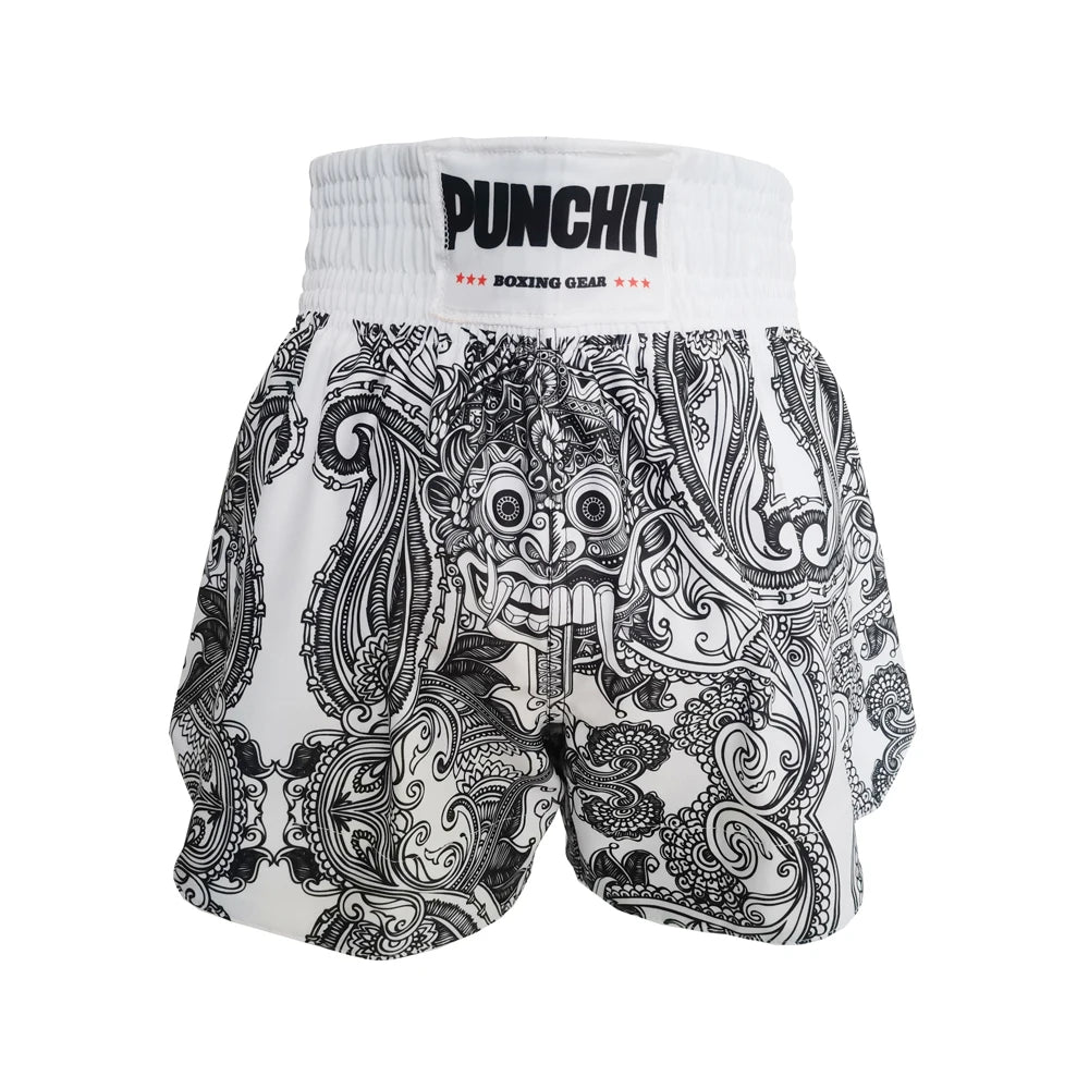 Short de Boxe MMA Kickboxing Motifs Traditionnels Blanc et Noir