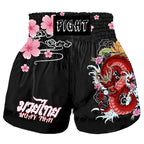 Short Boxe Thai Noir Dragon et Fleurs de Cerisier