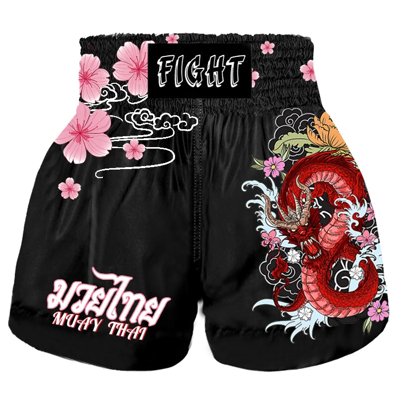Short Boxe Thai Noir Dragon et Fleurs de Cerisier