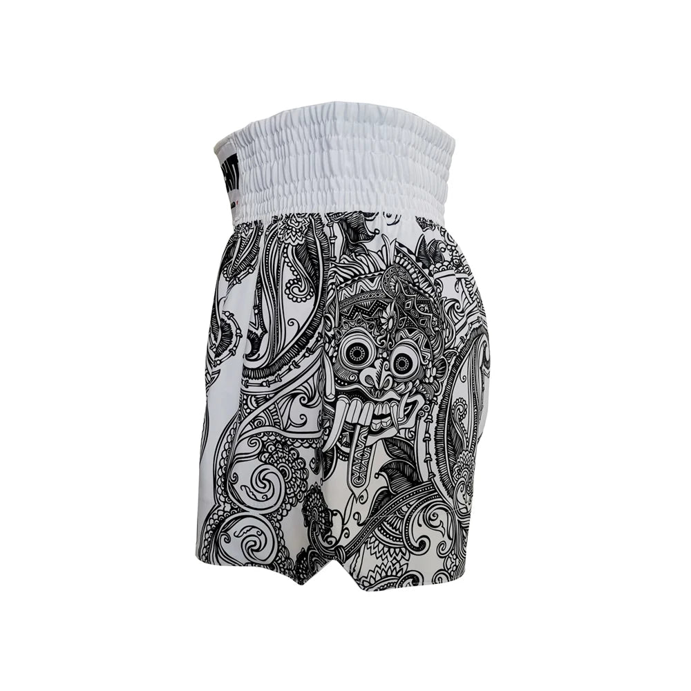 Short de Boxe MMA Kickboxing Motifs Traditionnels Blanc et Noir